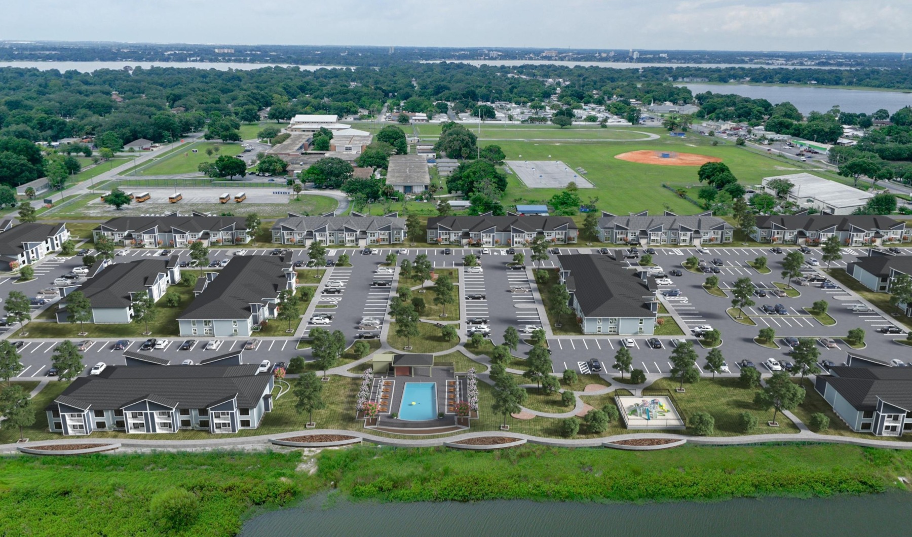 aerial view of community buildings